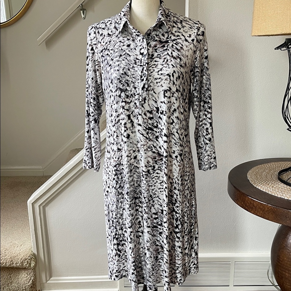 CAbi Black and White Abstract Print Jersey Knit 3/4 Sleeve Shirt Dress M - Picture 7 of 13